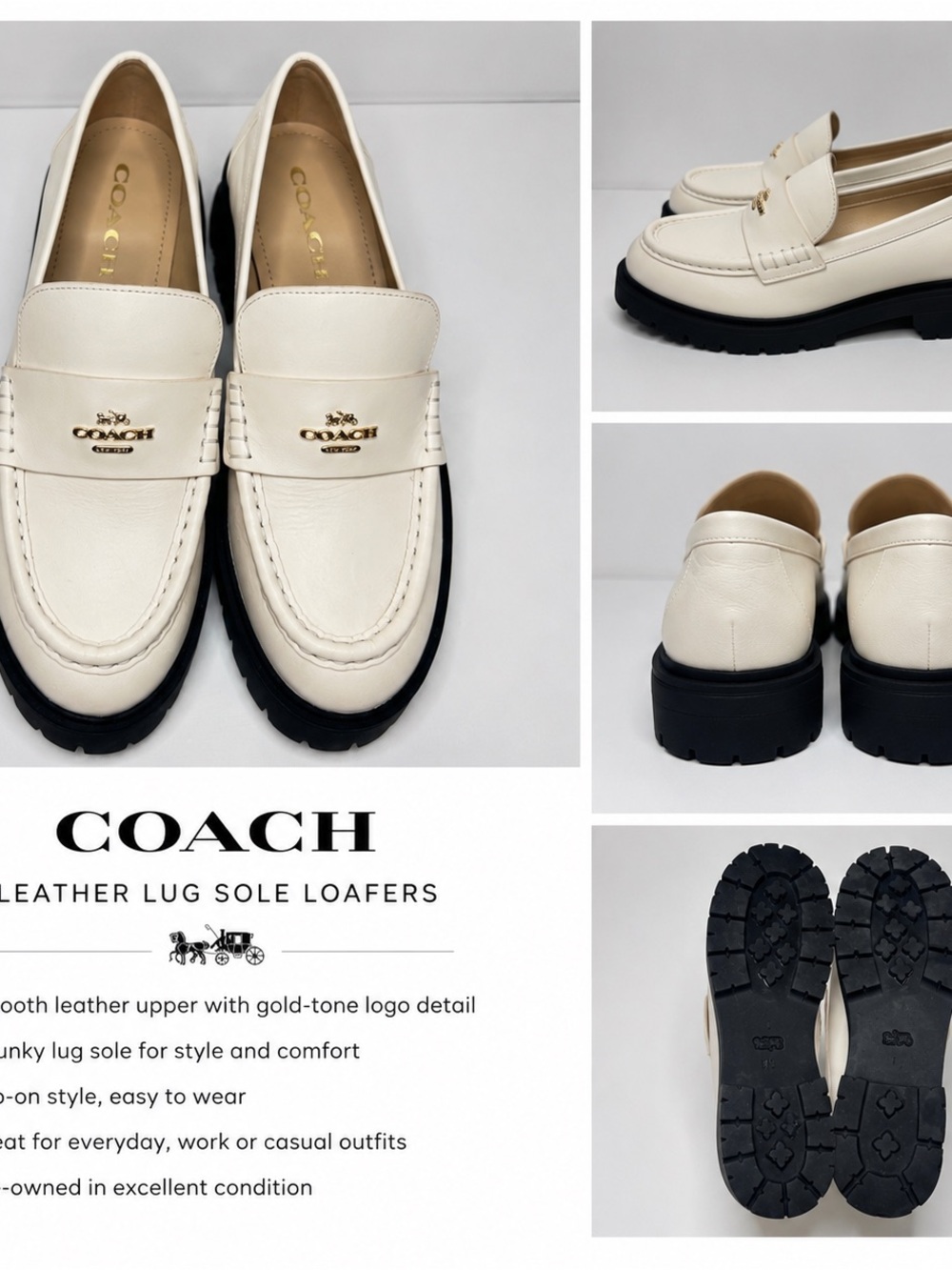 Coach brand new no box Cream Leather Lug Sole Slip-On Loafers